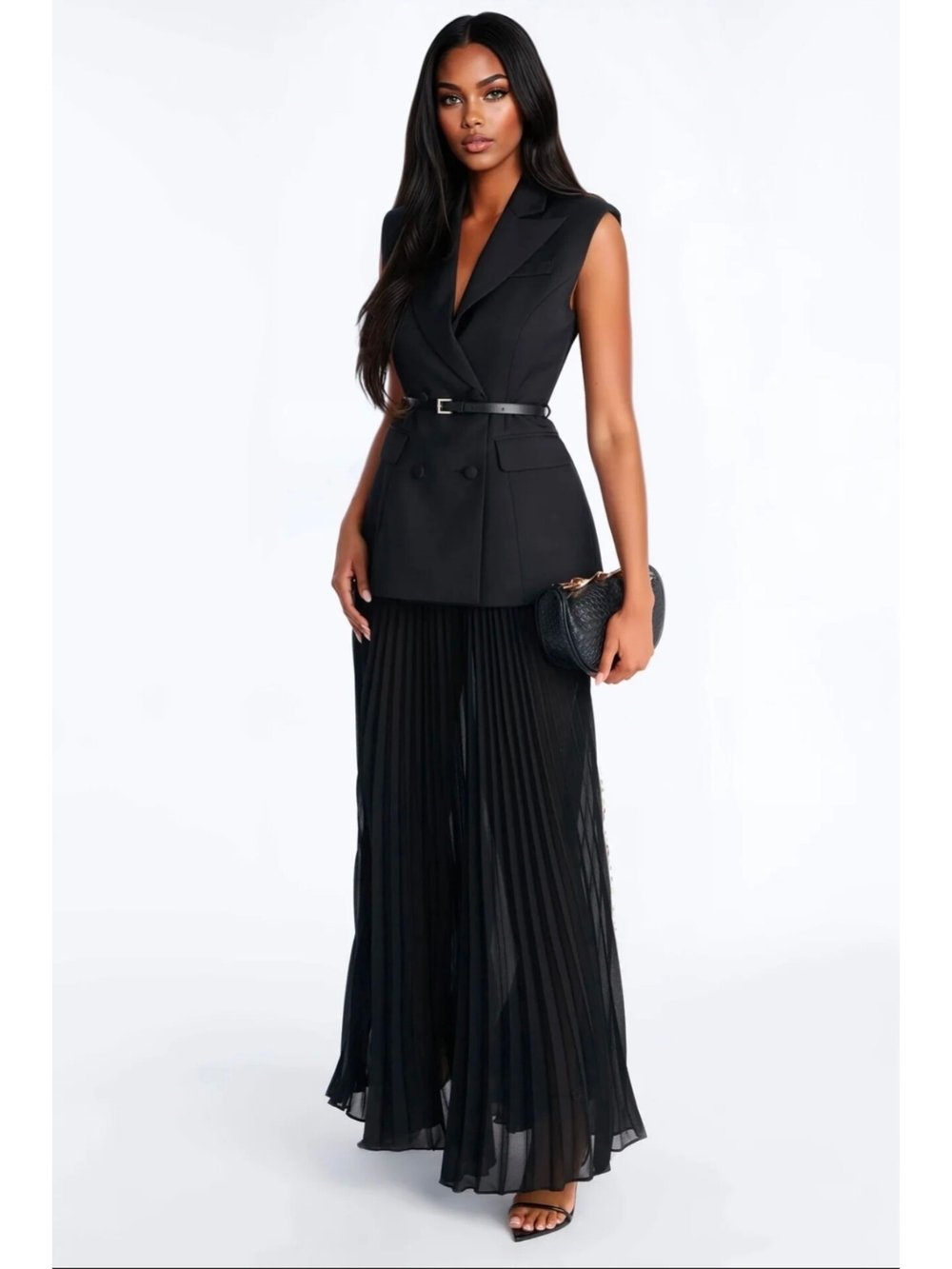 Sleeveless Black Blazer & Pleated Skirt with Belt